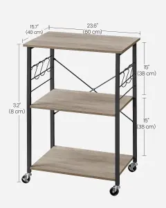 VASAGLE Kitchen Shelf on Wheels, Serving Trolley with 3 Shelves, Microwave Shelf, for Mini Oven, Toaster, with 6 Hooks