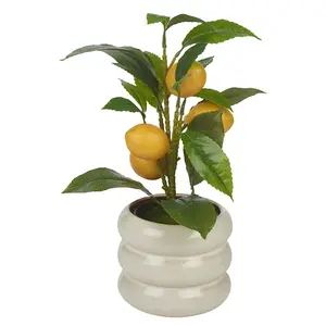 URBNLIVING 39cm Height Artificial Citrus Lemon Fruit Tree & Ceramic Tube Design cream gloss Flower Pot