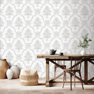 Galerie Azulejo Silver Porto Large Distressed Baroque Damask Wallpaper Roll