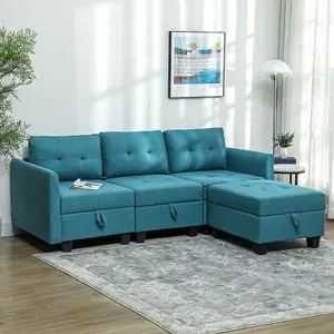 HOMCOM Convertible Modular Sectional Sofa w/ Storage Wood Frame Light Blue