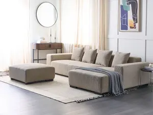 Corner Sofa with Ottoman LUNGO Beige Corduroy Left Hand