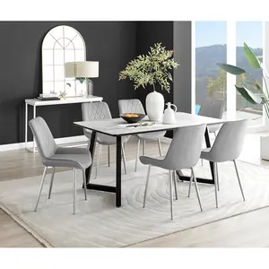 Industrial Design White & Grey Marble Effect Melamine Dining Table Set with 6 Luxury Velvet Chairs Grey/Silver