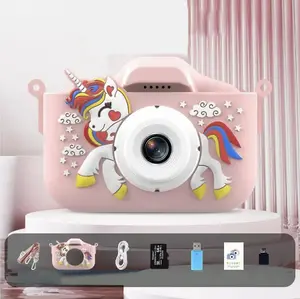 Pink with 32G Memory Card Mini Children HD Digital Toy Unicorn Camera