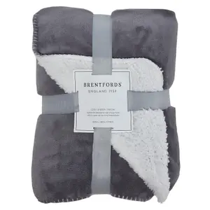 Brentfords Sherpa Throw Over Flannel Fleece Fluffy Blanket Mink Warm - Grey