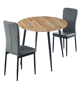 Hallowood Furniture Cullompton Small Round Dining Table 90cm with 2 Faux Leather Grey Chairs