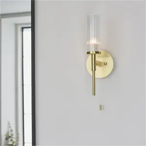 Semi Flush Ceiling Light & 2x Matching Wall Lights - Satin Brass Clear Ribbed Cylinder Shades