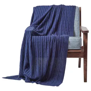 Homescapes Cotton Cable Knit Throw Navy Blue, 150 x 200 cm