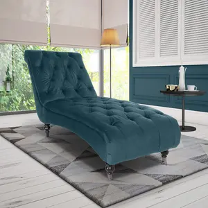 Chaise Lounge in Velvet Teal Chesterfield Fabric