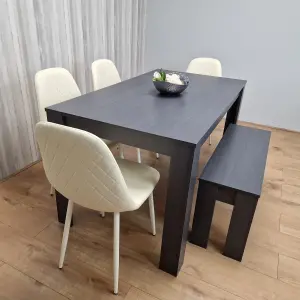 Dining Table Set 4 Grey Dining Table and 4 Diamond Padded Stitched Cream Chairs with 1 Bench