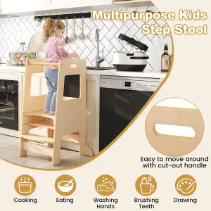 COSTWAY Kids Step Stool Baby Kitchen Helper with Chalkboard & Adjustable Step