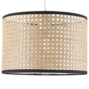 Natural Wicker Rattan Drum Shaped Pendant Lamp Shade with Black Cotton Trims