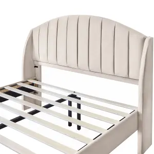 Double Bed-4ft6(135x190cm),with Slatted Frame and Headboard, Youth Bed, Wooden Slatted Support, Easy Assembly, Velvet, Beige 