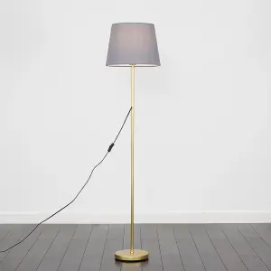 ValueLights Modern Standard Floor Lamp In Gold Metal Finish With Grey Tapered Shade