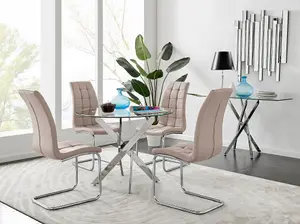 Furniturebox UK Novara Chrome Metal Round Glass Dining Table And 4 Cappuccino Beige Murano Dining Chairs