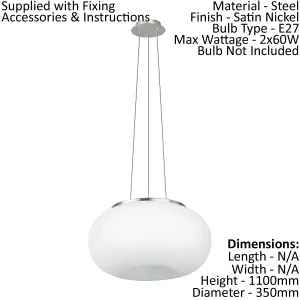 Pendant Ceiling Light Colour Satin Nickel Shade White Glass Opal Matt E27 2x60W