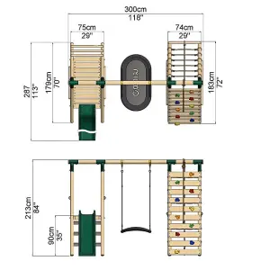 Rebo Wooden Swing Set with Deck and Slide plus Up and Over Climbing Wall - Onyx Green