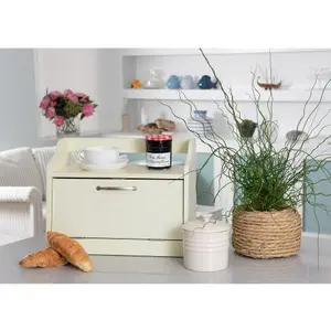 Minack Buttermilk / Cream Wooden Bread Bin, Worktop Storage Box with Shelf