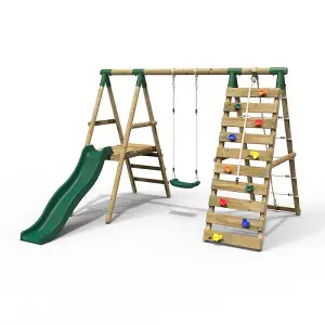 Rebo Wooden Swing Set with Deck and Slide plus Up and Over Climbing Wall - Amber Green