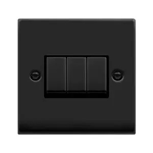 Matt Black 10A 3 Gang 2 Way Ingot Light Switch - Black Trim - SE Home