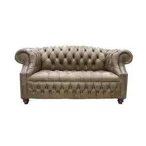 Chesterfield 2 Seater Buttoned Seat Sofa Cracked Wax Tan Leather In Buckingham Style