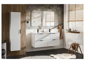 Bathroom Vanity Unit with Sink Basin 600mm Ribbed Textured White Modern Wall Hung Cabinet with Drawers Adel