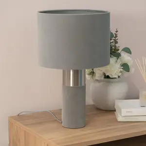 ValueLights Alexa Charcoal Grey Velvet and Silver Chrome Bedside Table Lamp with a Drum Lampshade - Bulb Included