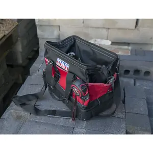 Heavy-Duty Red Tool Bag with Rubber Base and Multiple Pockets