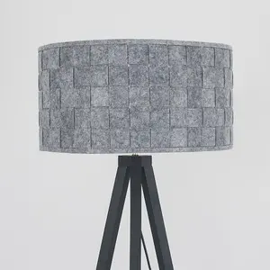 ValueLights Barbro Modern Black Wood Tripod Design Floor Lamp with Grey Felt Weave Design Light Shade with 6w LED GLS Bulb