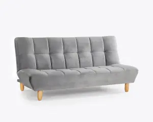 Macey 3 Seater Grey Velvet Recliner Clic Clac Wooden Legs Tufted Back Sofa Bed