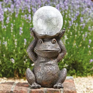 Solar Powered LED Frog Garden Ornament - Hand Painted Polyresin Sculpture with Light Up Crackle Glass Ball - H38 x W21 x D15cm