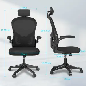 Office Desk Chair with Flip-Up Armrest, Adjustable Headrest and Lumbar Support or Home and Office-Black