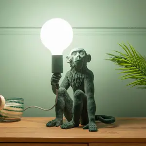 ValueLights Hanya Dark Green Velvet Monkey Bedside Table Lamp Animal Bedroom Light