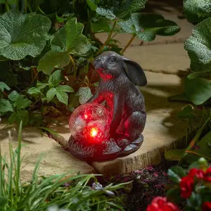 Solar Powered LED Hare Garden Ornament - Hand Painted Polyresin Sculpture with Light Up Crackle Ball - H18.5 x W16.5 x D10.5cm