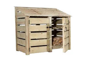 Slatted wooden log store with door and kindling shelf W-146cm, H-126cm, D-88cm - natural (light green) finish