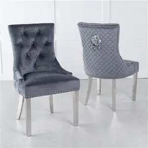 Lion Knocker Back Grey Velvet Fabric Dining Chair With Chrome Legs