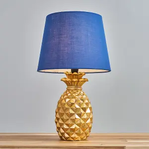 ValueLights Pair Of Contemporary Pineapple Design Gold Effect Table Lamps With Navy Shades