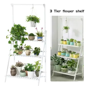 3 Tier  White Foldable Wooden Hanging Plant Stand Shelves Flower Pot Display Shelf Adjustable Height 144CM