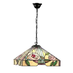 Luminosa Willow 3 Light Large Ceiling Pendant Dark Bronze, Tiffany Style Glass, E27