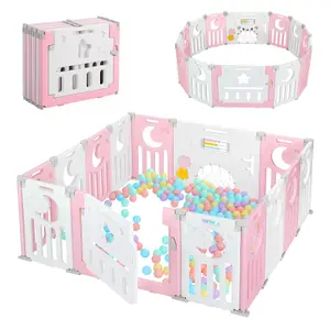 12+2 Panel Baby Foldable Playpen with Safety Gate 25 Sq.ft - Pink White