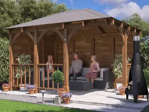 Dunster House Corner Gazebo 4m x 3m Garden Shelter Canopy Wooden Roof Shingles Leviathan