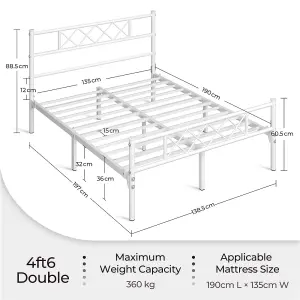 Yaheetech White 4ft6 Double Metal Bed Frame with Cross-design Headboard & Footboard