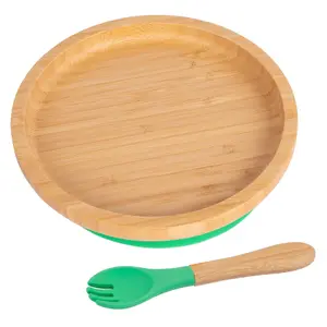 Bamboo Round Baby Weaning Plate & Fork Set - Green