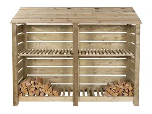 Slatted wooden log store with kindling shelf W-227cm, H-180cm, D-88cm - natural (light green) finish