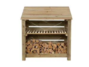 Slatted wooden log store with kindling shelf W-119cm, H-126cm, D-88cm - natural (light green) finish