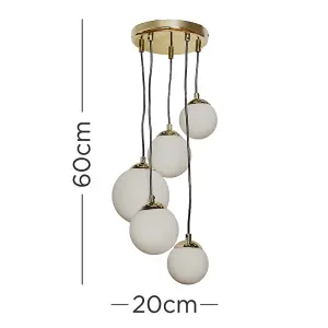 ValueLights Beauworth 5 Way Hanging Polished Gold and Glass Globe Shade Ceiling Pendant Light Fitting