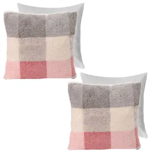 2 Pack Gingham Check Teddy Filled Fleece Soft Cushion Covers, Blush - 45 x 45cm