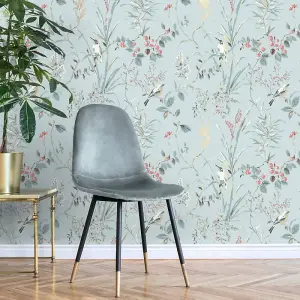 Crown Mariko Floral Treebird Blue Metallic Wallpaper M1856