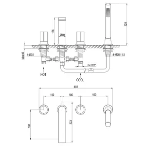 Enzo Black & Chrome Round 4-Hole Deck Mounted Bath Shower Mixer Tap with Handset