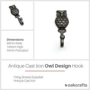 Oakcrafts - Antique Cast Iron Decorative Owl Hook - 165mm x 70mm