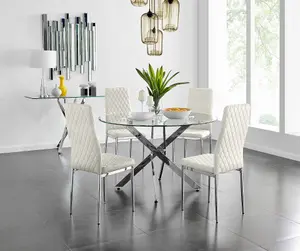 Furniturebox UK Novara 120cm Round Dining Table and 4 Cream Velvet Milan Chairs